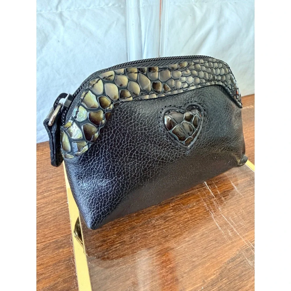 Brighton Black Leather Croc Trim Heart Cosmetic Pouch Leopard Lining